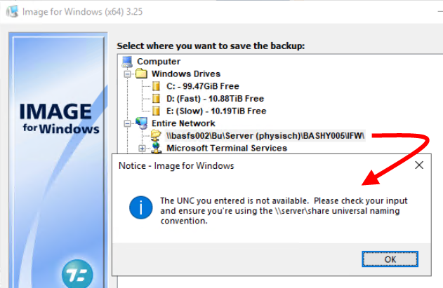 Selecting the target by pasting a full path UNC does not work